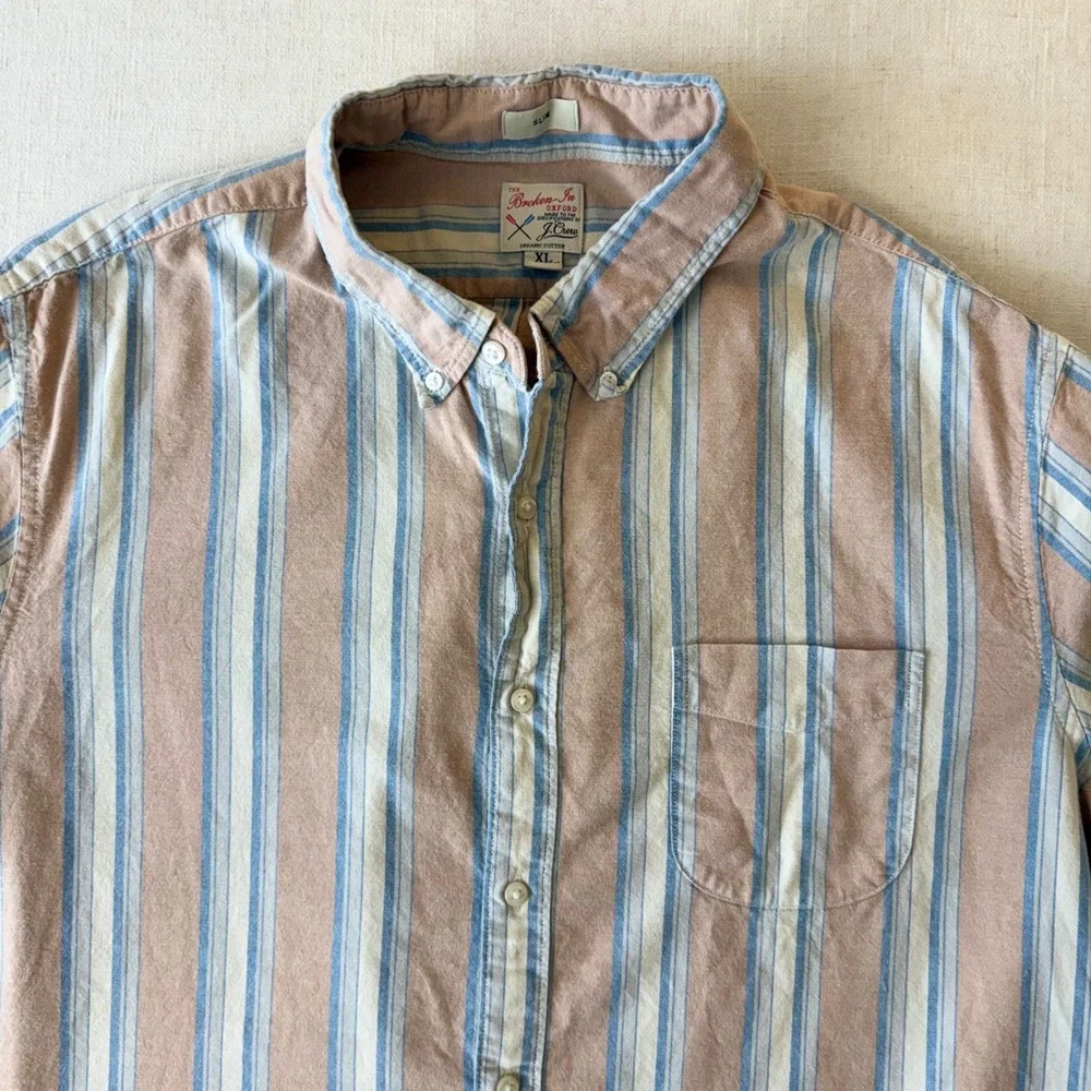 J.Crew Mens XL Slim Broken-In Oxford Shirt Short Sleeve Striped Organic Cotton